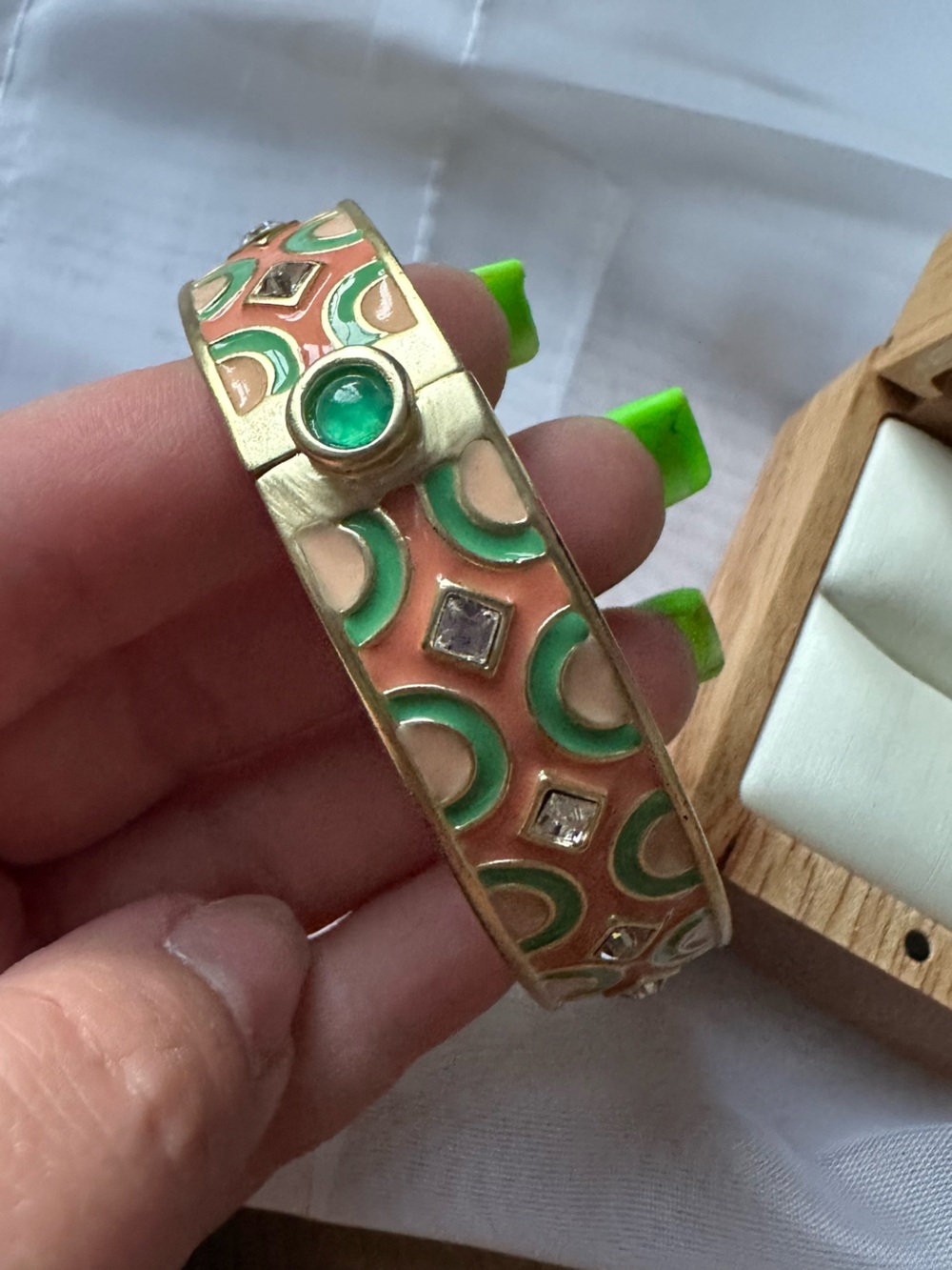 Vintage Gerard Yosca Gold-Tone Peach & Green Enamel Hinged Bangle Bracelet